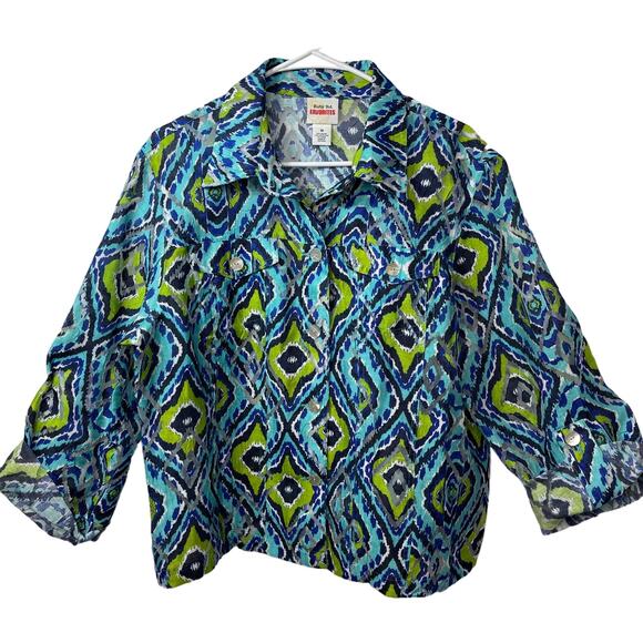 Ruby Rd button up down shirt blouse top women's 16 teal blue green fun shacket - Picture 1 of 16